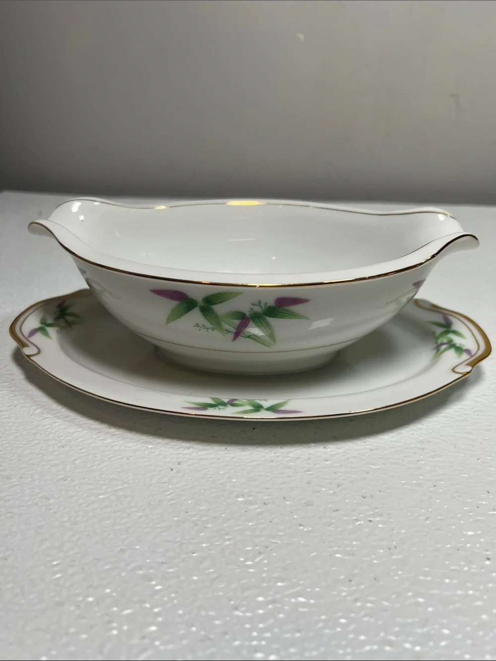 Vtg Harmony House Green Purple Bamboo Mandarin Plate Platter Gravy Boat Japan